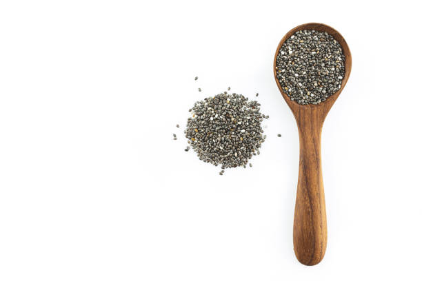 chia seeds on spoon on white background.