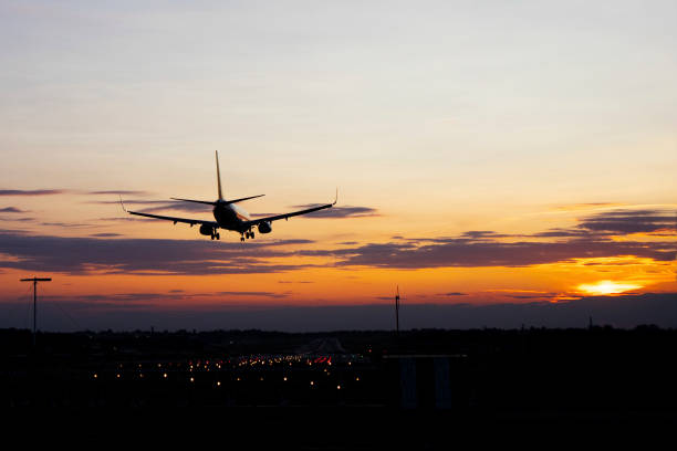 istock Plane over the landing strip at gold sunset. 1196340442