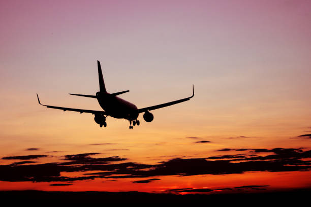 istock Silhouette of plane flying at red sunset. 1196340477