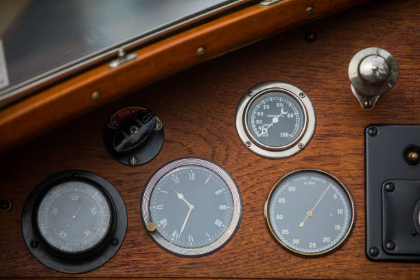 istock Tachometer, clock and thermometer on a vintage car's dashboard 1196350975