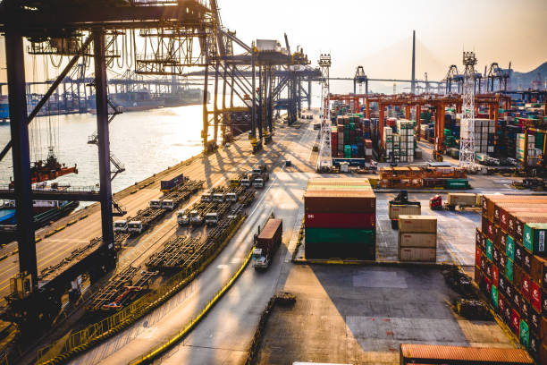 shipping cargo commercial logistics industry aerial top view of huge industrial port with containers - office building car industrial district business imagens e fotografias de stock