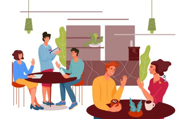 Vector illustration of People cartoon characters sitting at tables in cafe or coffee house, flat vector illustration