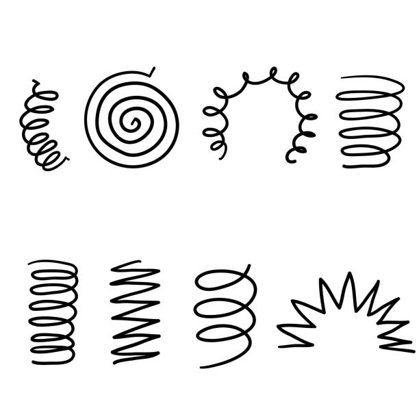 ilustrações, clipart, desenhos animados e ícones de primavera espiral. bobinas flexíveis, molas de arame e espiral de bobina de metal silhueta. vape bobinas flexíveis metálicas, espiral do motor de aço da flexibilidade com estilo desenhado à mão do doodle isolado - la mola