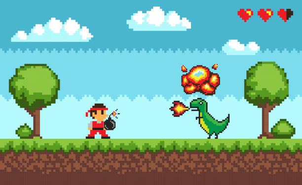 Pixel Art Game, Design in 8 bit Style Character Pixel art game, design in 8 bit style character fighting against dragon with fire vector. Health lives points, man battle with dangerous creature leisure games stock illustrations