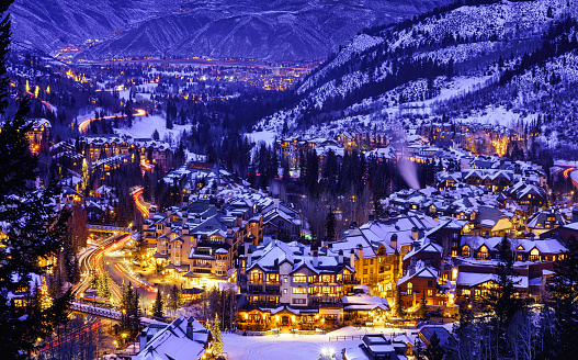 Beaver Creek Colorado Village at Night - Dusk view at twilight of village lights and town at night in winter looking down from ski slopes.