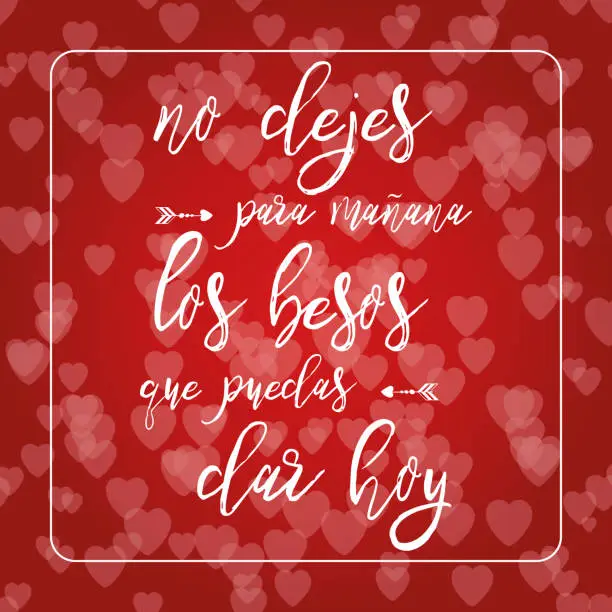 Vector illustration of Phrase about love in red hearts bokeh background. Romantic card. Lettering element. Text in Spanish