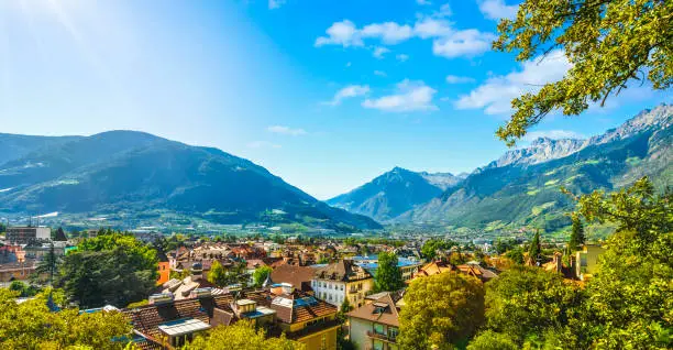 Merano or Meran view from Tappeiner promenade. Trentino Alto Adige Sud Tyrol, Italy. Europe.