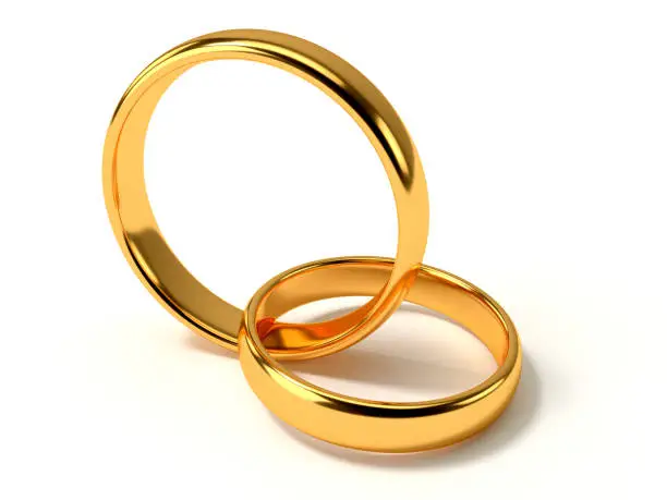 Illustration of two wedding gold rings lie in each other. 3d rendering