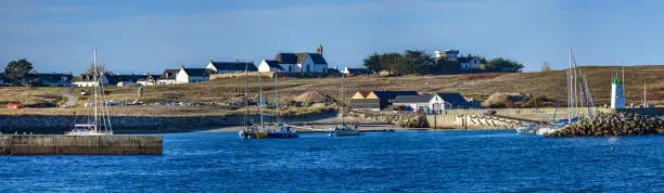 Photo of Panoramic view at Port Argol of Hoedic island in French Brittany. The village is at background