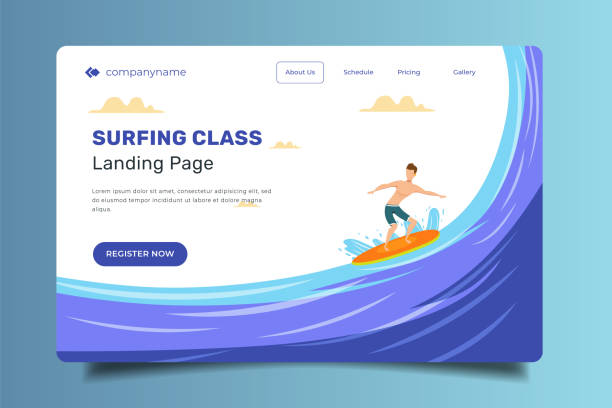 ilustrações de stock, clip art, desenhos animados e ícones de illustration for landing page website. extreme sport promotion program. surfing people illustration for website. - surfing sport extreme sports success