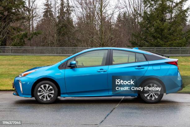 Blue 2019 Toyota Prius Hybrid Car All Wheel Drive Stock Photo - Download Image Now - Toyota Prius, Toyota Motor, Electric Car
