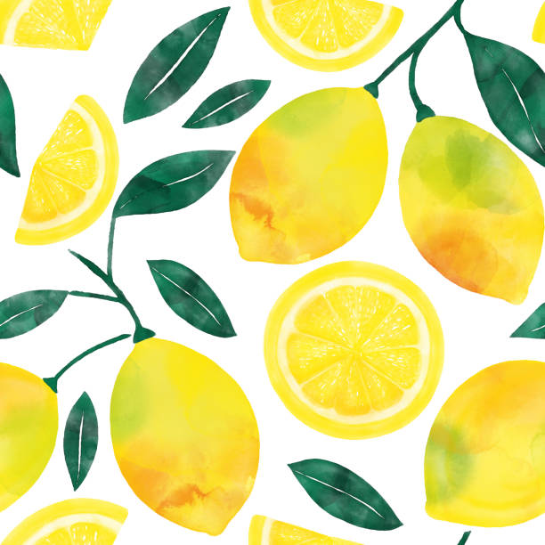 illustrations, cliparts, dessins animés et icônes de aquarelle main painted lemons and lemon slices seamless pattern. printemps, fond de concept d'été. - citrus fruit