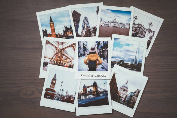 Brexit concept Close-up of instant photos from London on dark background the shard close up stock pictures, royalty-free photos & images