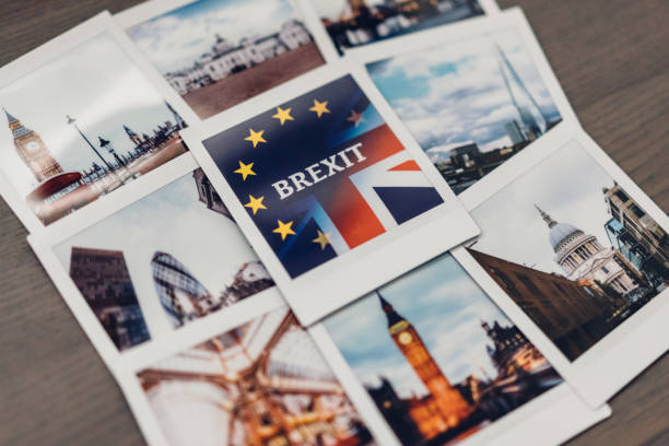 Brexit Close-up of instant photos from London on dark background.Brexit concept the shard close up stock pictures, royalty-free photos & images