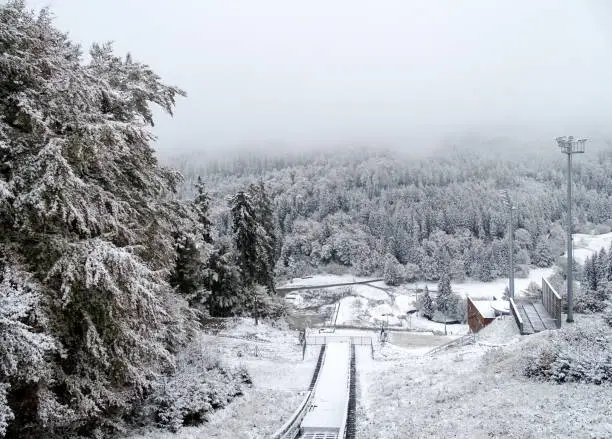 Ski jump Muehlenkopfschanze in Willingen (Germany) after the first snow of the winter season 2015/2016. It is the biggest large hill ski jump of the earth.