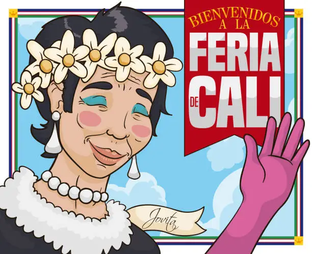 Vector illustration of Frame with Jovita Saluting and Ribbon during Feria de Cali