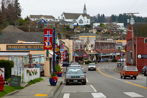 Poulsbo, Washington; December 27th, 2019: Afternoon traffic on main street in the quaint Scandinavian town of the Pacific Northwest, USA