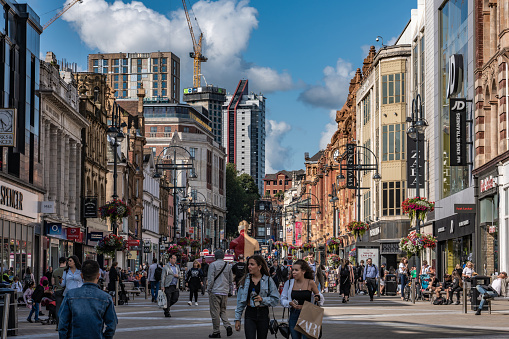 This is the high street in Leeds, one of the main shopping streets in the downtown area on August 13, 2019 in Leeds