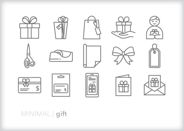 Gift line icons for birthday, holiday or christmas presents Set of 15 gift line icons for giving presents, gift cards or greetings to loved one wrapping paper illustrations stock illustrations