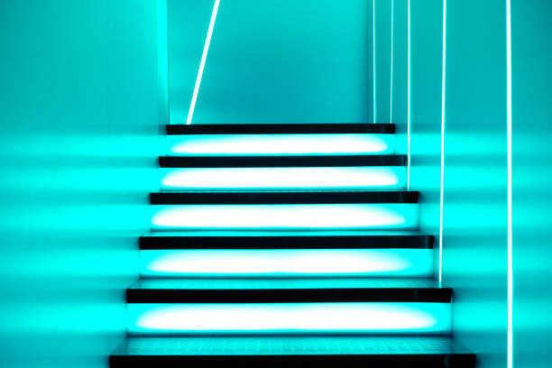 Illuminated futuristic staircase in laboratory interior