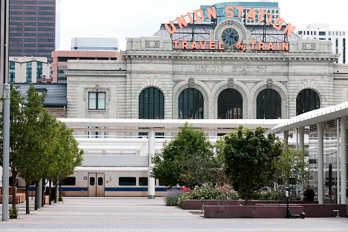 A train waiting  for passengers at the Old Denver Union station.