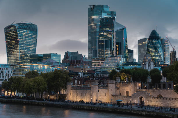 London Cityscape in the Evening City of London District and Tower of London Royal Palace in the Evening. 20 fenchurch street photos stock pictures, royalty-free photos & images