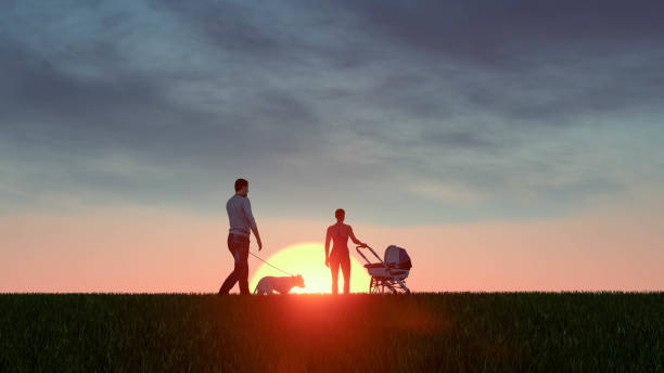 istock Family silhouette at Sunset 3D Rendering 1196396737