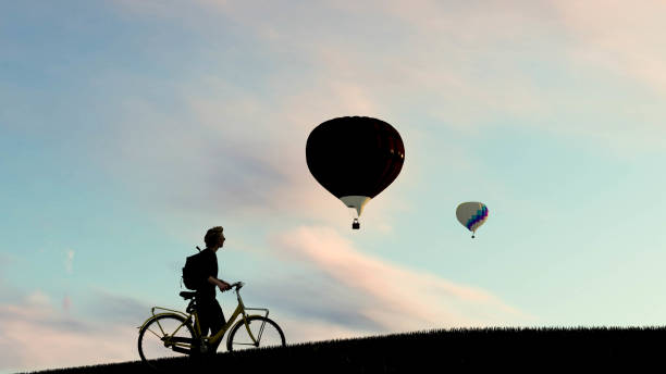 Man With Bicycle Silhouette at Sunset 3D Rendering