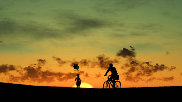 istock Man With Bicycle Silhouette at Sunset 3D Rendering 1196396832
