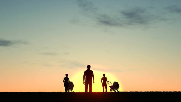 istock Family silhouette at Sunset 3D Rendering 1196397386