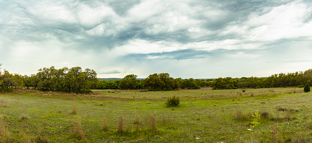 Panoramic view of a ranch on a cloudy stormy day in the Texas Hill Country.