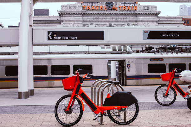 Electric powered bicycles parked at the Old Union Railway Station, Denver, CO.