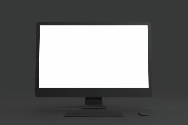 istock All black minimal concept with blank white mock up screen of black single material computer. 1196403353