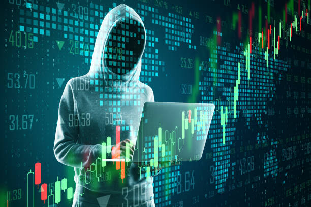 istock Business security concept with hacker with laptop and digital forex chart with graphs and pixel map.Double exposure. 1196403407