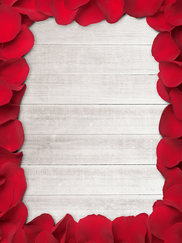A frame created by red rose petals on whitewashed wooden planks.