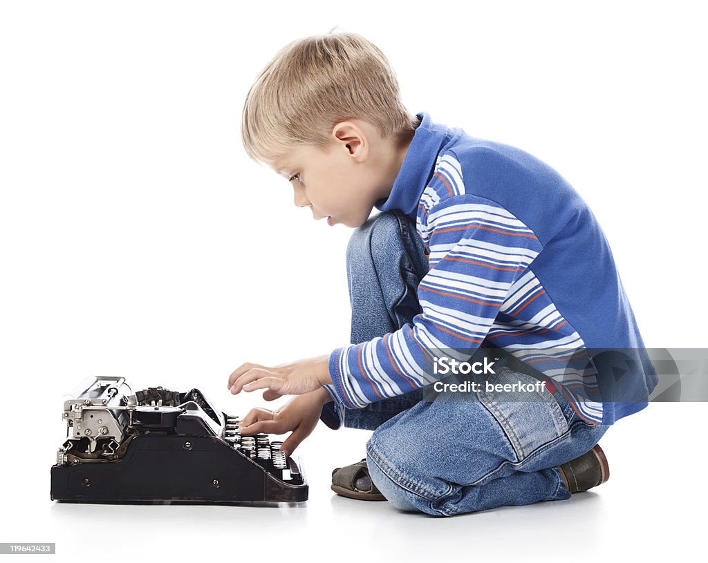 Boy Typing On Old Typewriter Stock Photo - Download Image Now - Child,  Typewriter, Boys - iStock