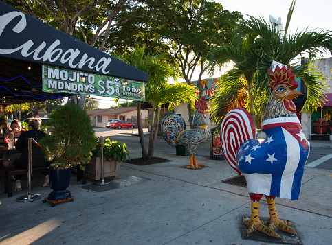 Miami,  Florida, USA - Dec 6th, 2019:  “Little Havana” of Miami is the home to Cuban diaspora. Cuban culture and tradition are well preserved in the area. The rooster is an iconic image in Cuban culture and can been seen in many places on the streets.