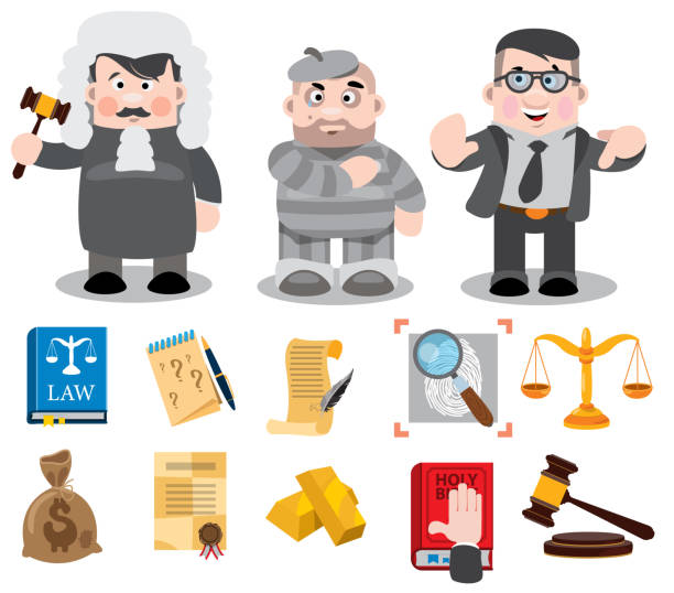 postaci z kreskówek: sędzia, pozwany, prawnik - lawbreaker stock illustrations