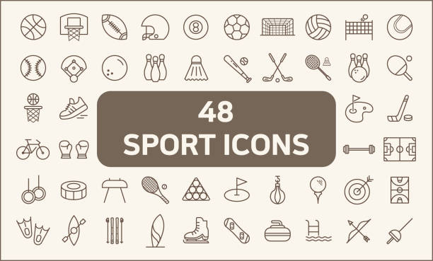 illustrations, cliparts, dessins animés et icônes de ensemble de 48 sports icons style de ligne. - baseballs ball sport gym