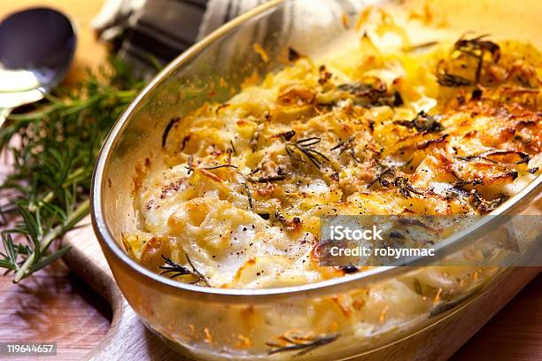 Potato And Onion Gratin Stock Photo - Download Image Now - Casserole, Onion, Prepared Potato