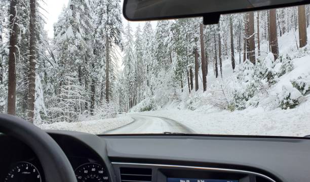 fahren auf eisiger und verschneiter straße im yosemite valley. - whites tree frog stock-fotos und bilder