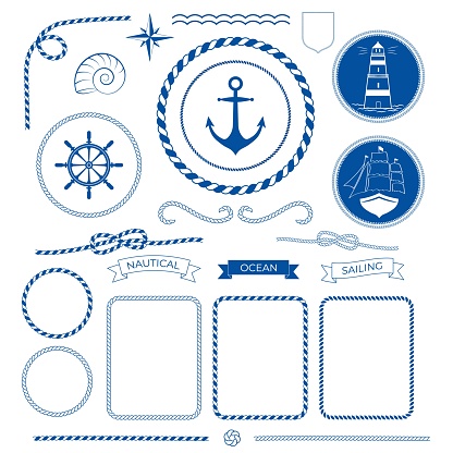 Rope frames, knots, corners and ribbons. Nautical sea collection, marine rope, boat, lighthouse logo, anchor, helm, compass icons Vector illustration decorative elements