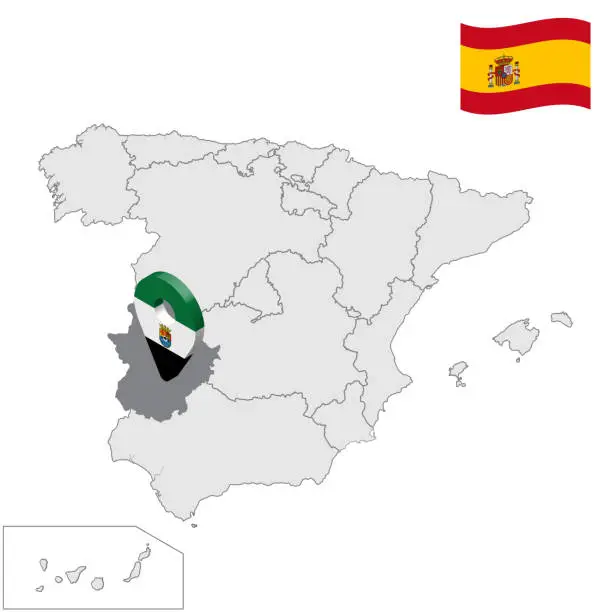 Vector illustration of Location of Extremadura on map Spain. 3d Extremadura location sign similar to the flag of Extremadura. Quality map  with regions Kingdom of Spain. Stock vector. EPS10.