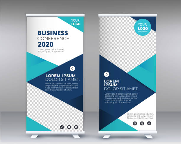 illustrazioni stock, clip art, cartoni animati e icone di tendenza di modern exhibition advertising trend business roll up banner stand poster brochure modello di design piatto concetto creativo. - sleeve rolling rolled up rolled up sleeves