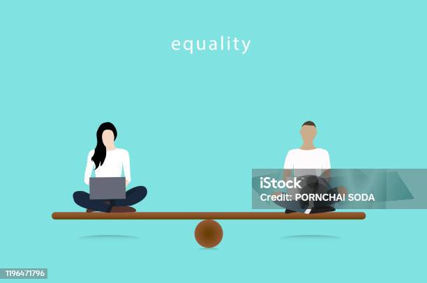 Gender Equality Concept Woman And Man Vector Balancing On Scale Equality Vector Illustrator Stock Illustration - Download Image Now