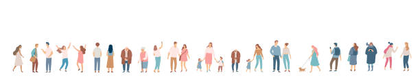 People crowd. Background people vector horizontal banner. Men and women, parents, kids walking outdoor. different families stock illustrations
