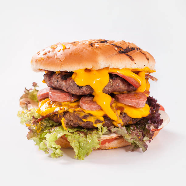 istock American sausage burger with cheese 1196479823