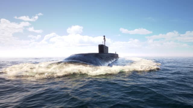 Atomic submarine floating in ocean