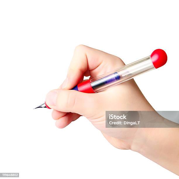 Foto de Mão Segurando A Caneta De Tinta e mais fotos de stock de Aluno - Aluno, Azul, Branco