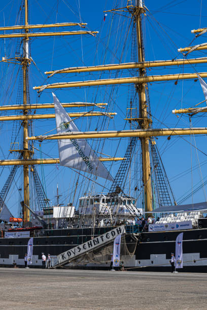 Krusenstern four-masted barque, Russian sail training ship Tenerife/Spain; December 27 2019: Krusenstern four-masted barque, Russian sail training ship, moored at the port of Santa Cruz of Tenerife, Canary islands, Spain krusenstern stock pictures, royalty-free photos & images